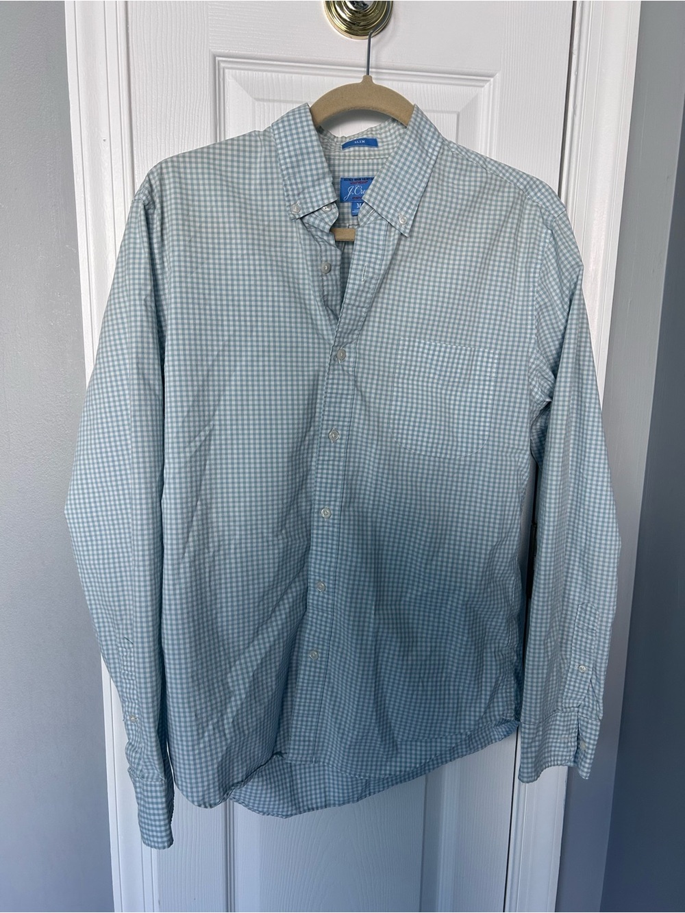 J. Crew Men's Light Green/Blue Gingham Button-Down Slim Fit Shirt